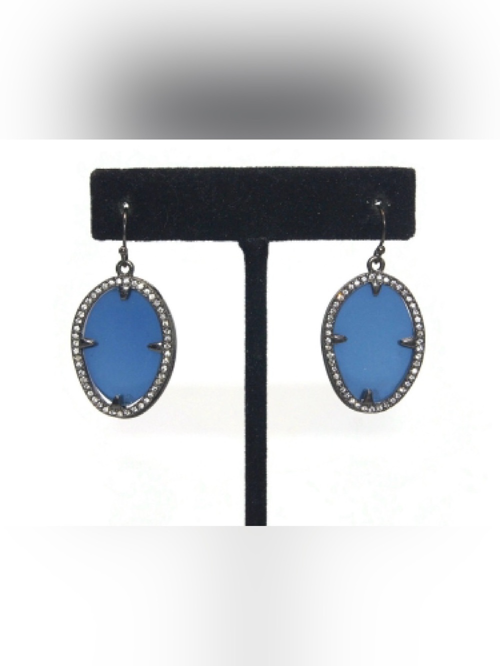 Vintage Gunmetal, Blue Resin and Clear Rhinestones Oval Dangle Earrings